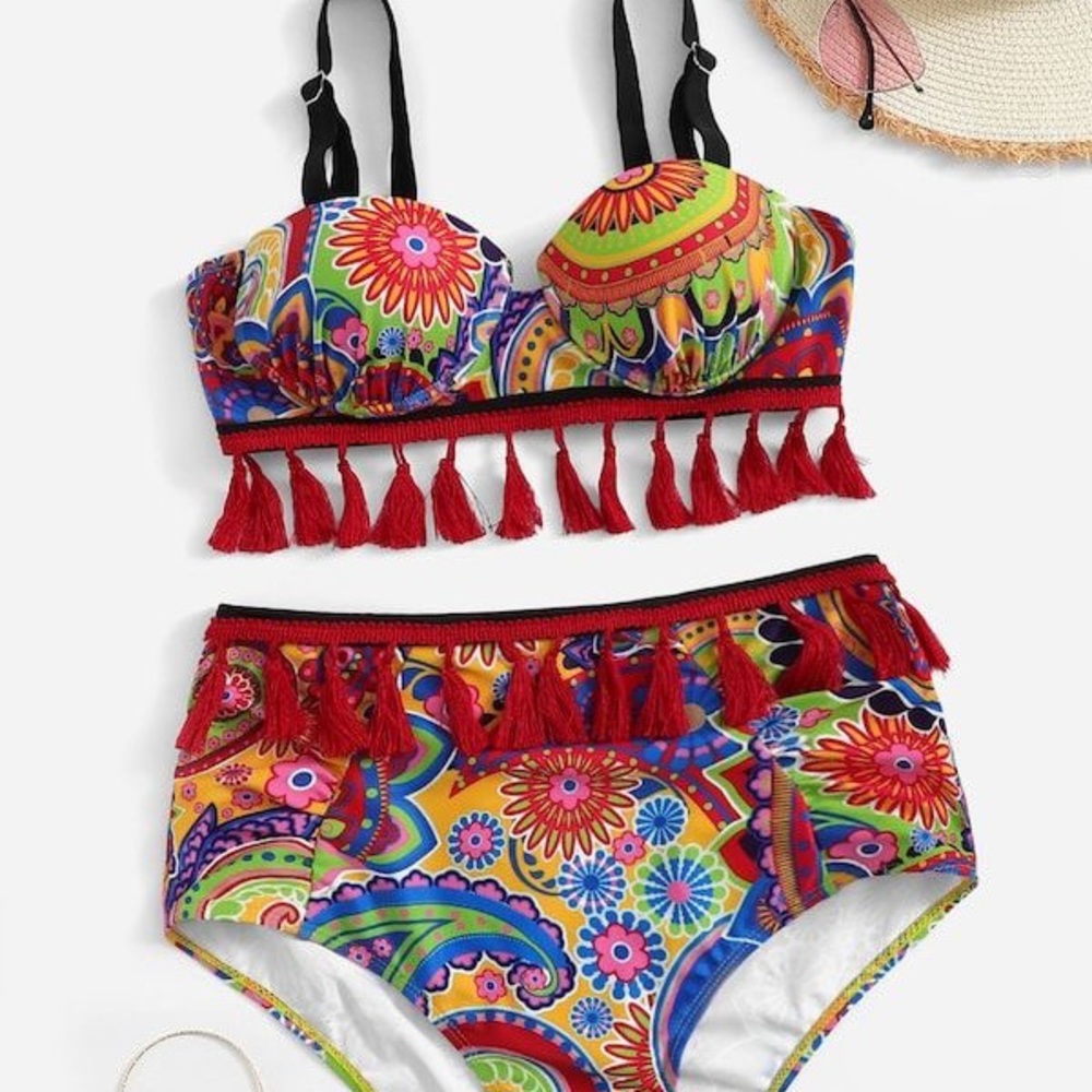 Tassle high rise swim suit with removable straps